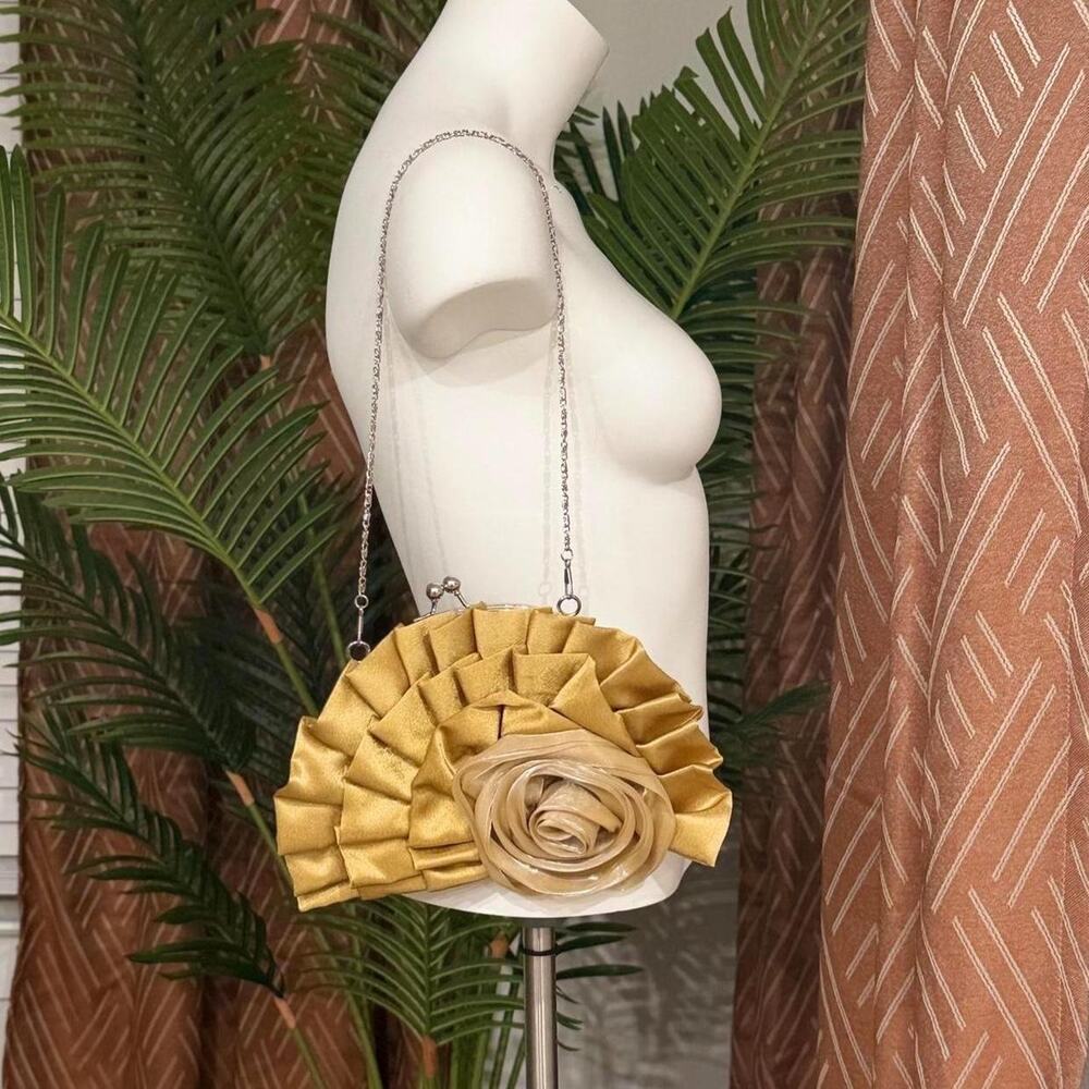 Bijoux Terner old ruffled clutch purse with rose detail and chain strap